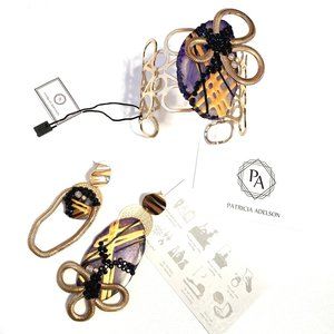 Gold Plated Bangle + Earrings PURPLE Agate